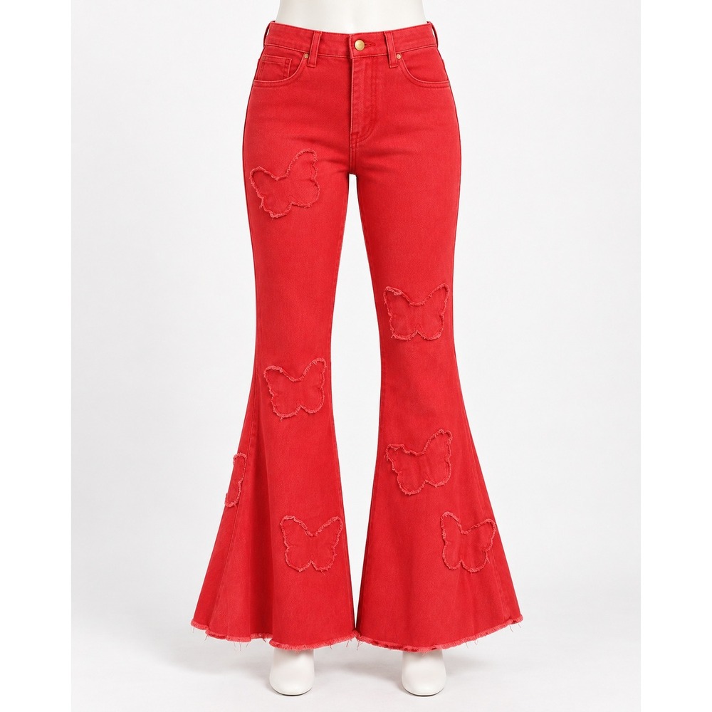 Red Butterfly Patch Bell Bottom Flare Jeans High Waisted XL Red Denim